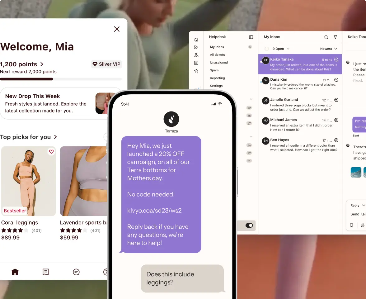 Collage of a fashion app interface, a text message about a 20% off sale, and a customer service chat inbox.
