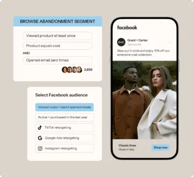 Audience segmentation interface showing a "Browse Abandonment Segment" and "Select Facebook audience" options, with a Facebook ad for coats.