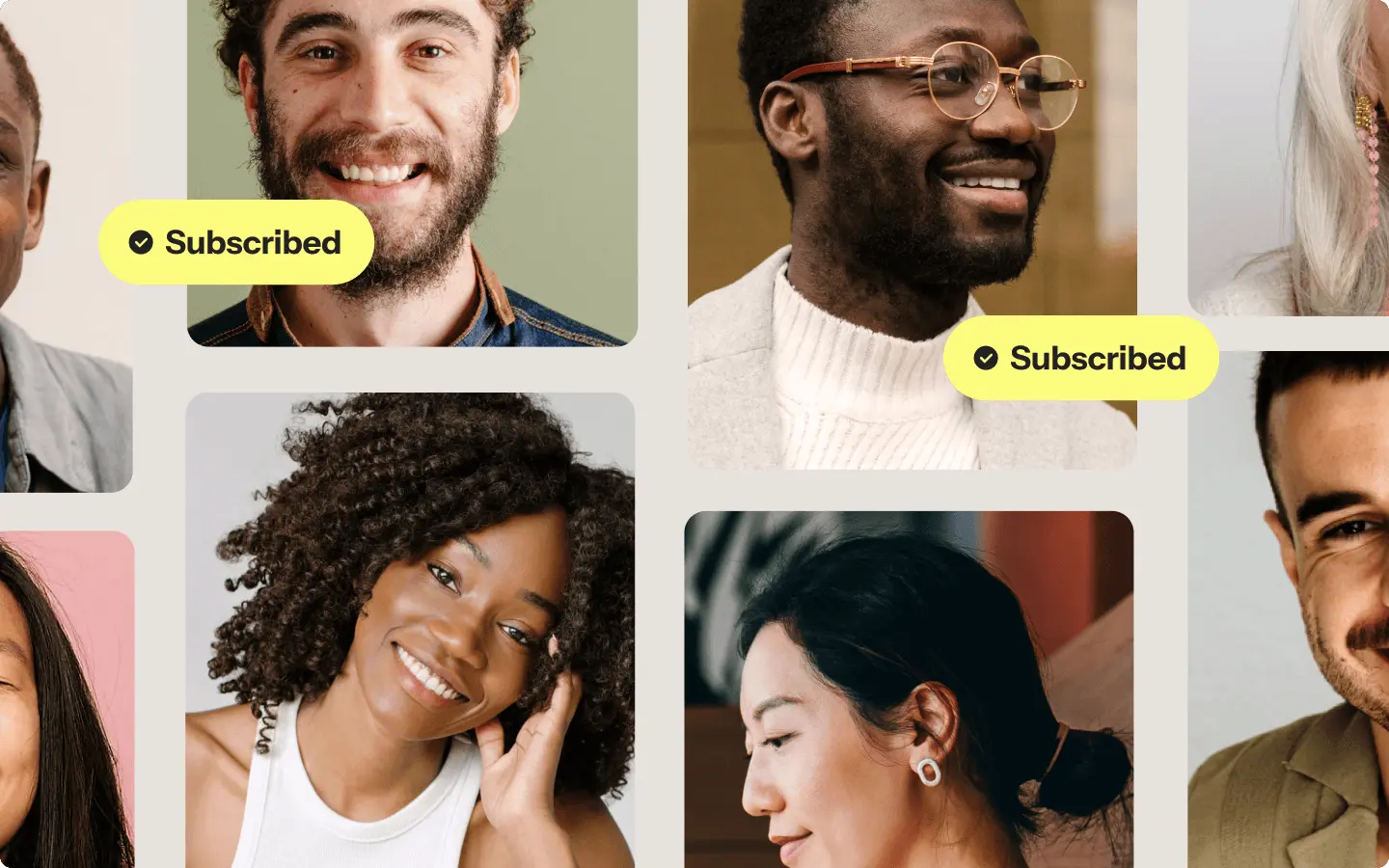Collage of diverse smiling individuals with "Subscribed" labels on two photos.