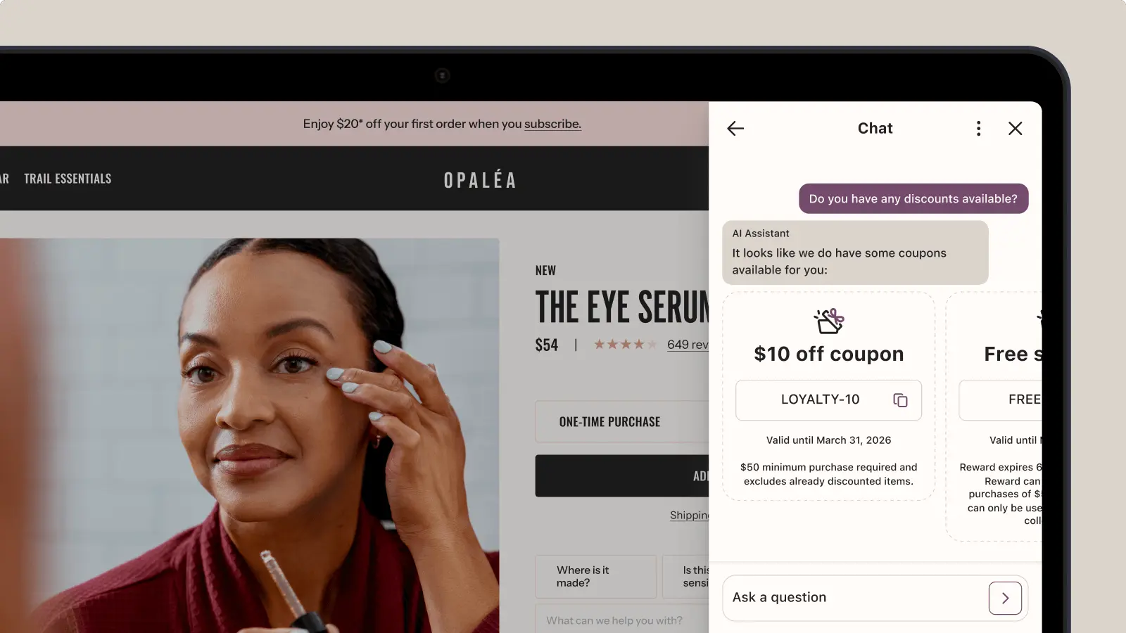 A woman applies eye serum while a chat window displays available coupons, including a $10 off coupon with code LOYALTY-10.