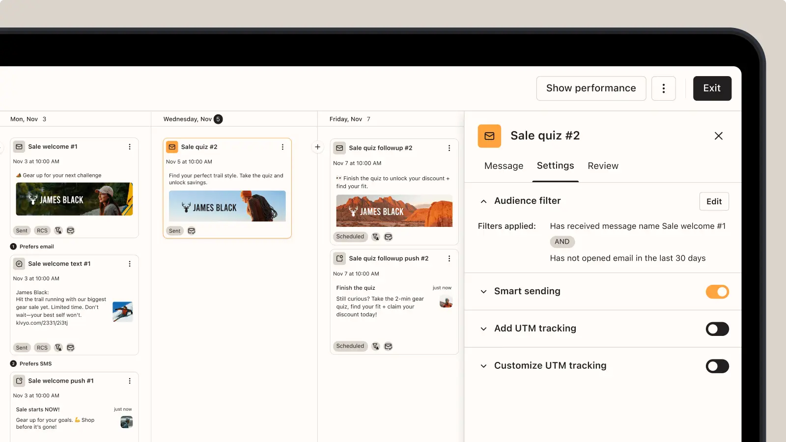 Digital marketing dashboard showing scheduled messages for a campaign, including "Sale welcome" and "Sale quiz" with audience filters.