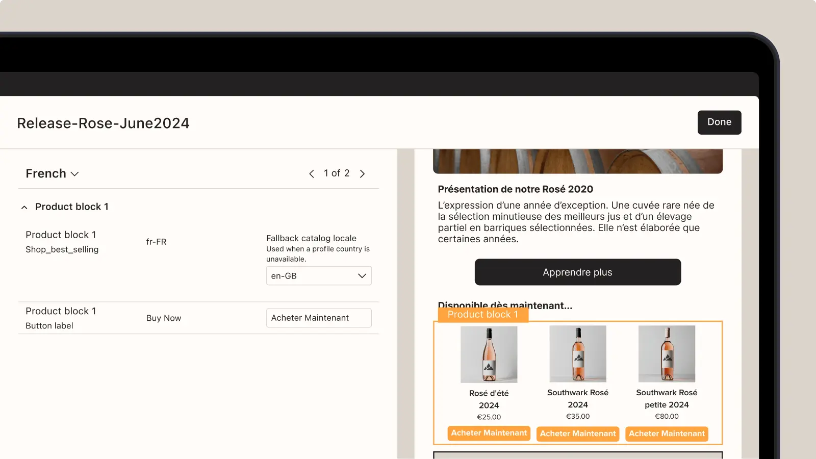 Shopify interface showing product localization settings for French market, featuring rosé wine products with "Acheter Maintenant" buttons.